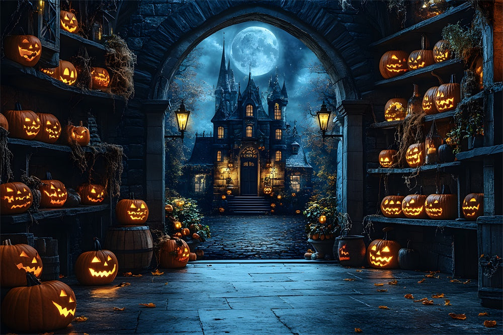 Halloween Spooky Castle Glowing Pumpkin Backdrop UK RR9-82