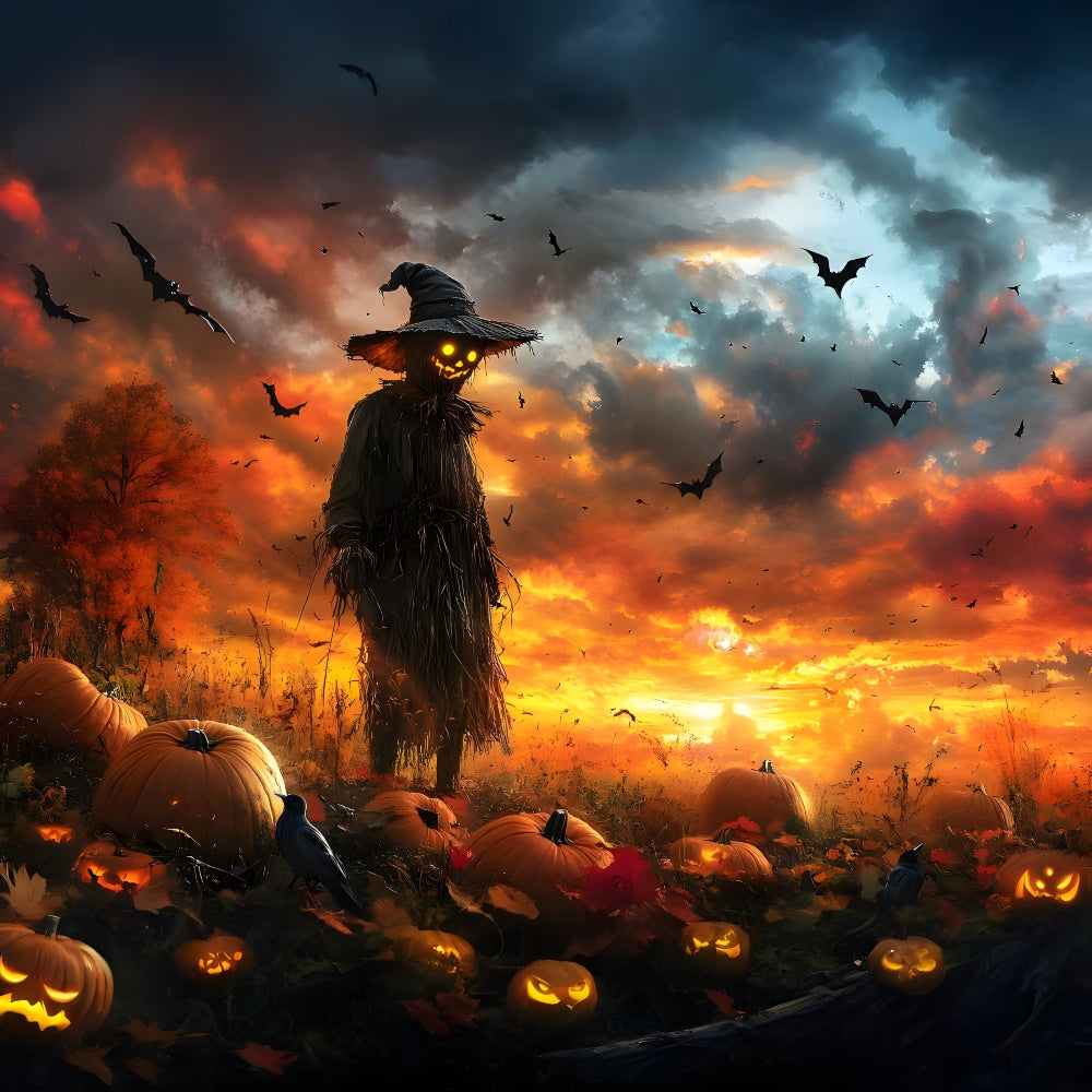 Halloween Sunset Bats Pumpkin Scarecrow Backdrop UK RR9-89