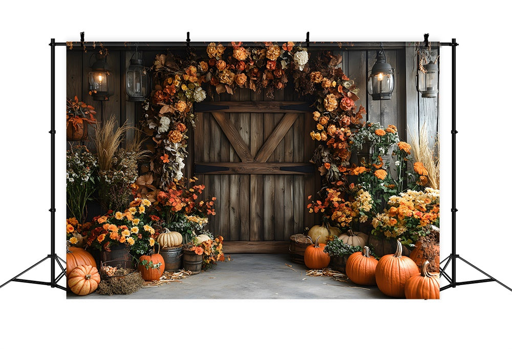 Autumn Rustic Barn Door Dried Flowers Backdrop UK RR9-9