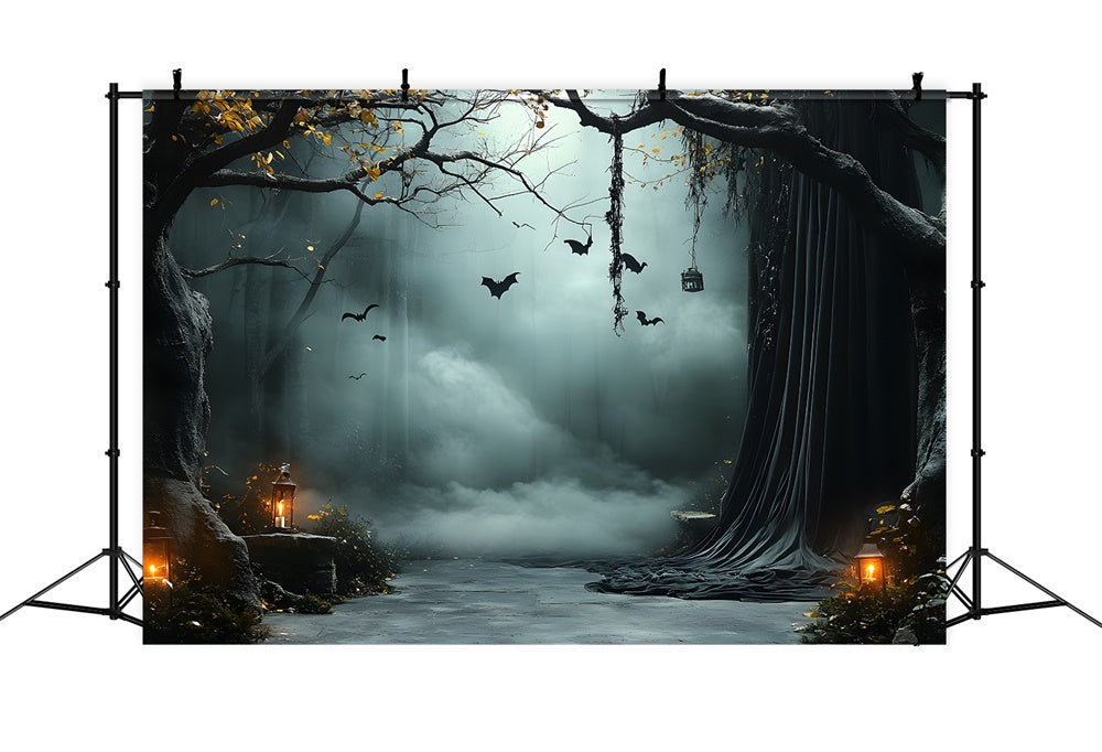 Halloween Foggy Trees Bats Lanterns Backdrop UK RR9-91