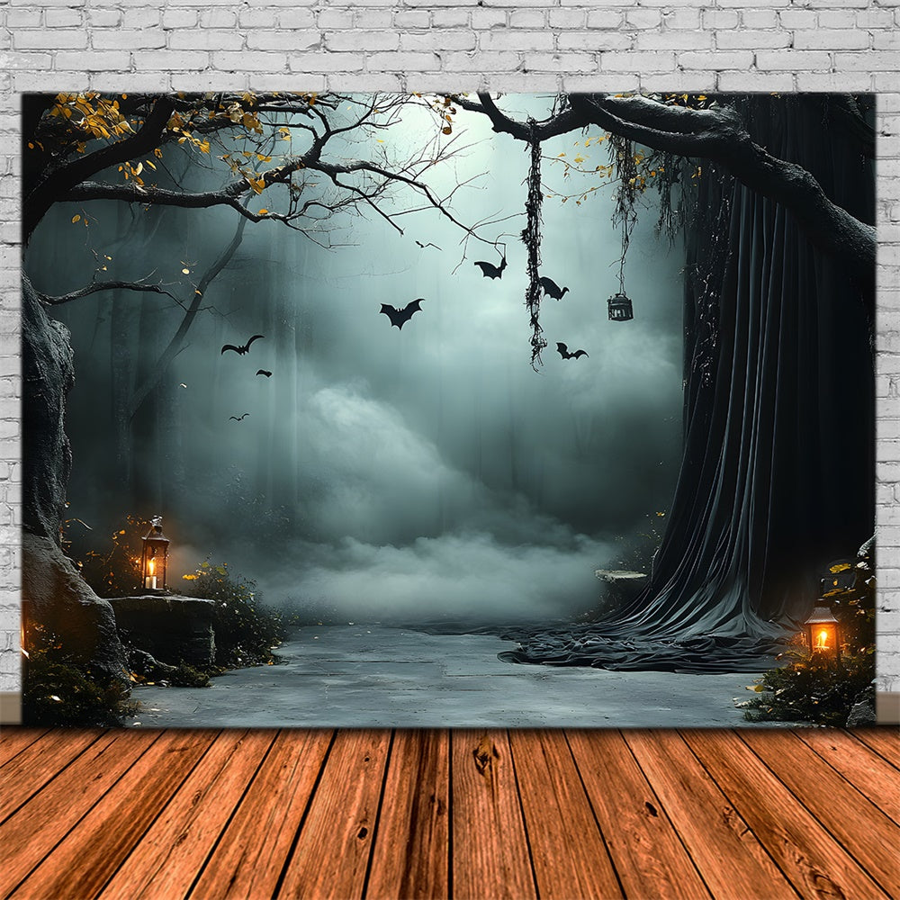 Halloween Foggy Trees Bats Lanterns Backdrop UK RR9-91