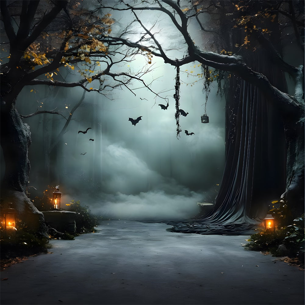 Halloween Foggy Trees Bats Lanterns Backdrop UK RR9-91