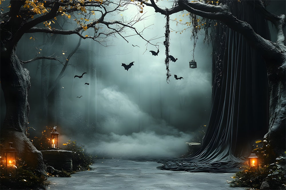 Halloween Foggy Trees Bats Lanterns Backdrop UK RR9-91