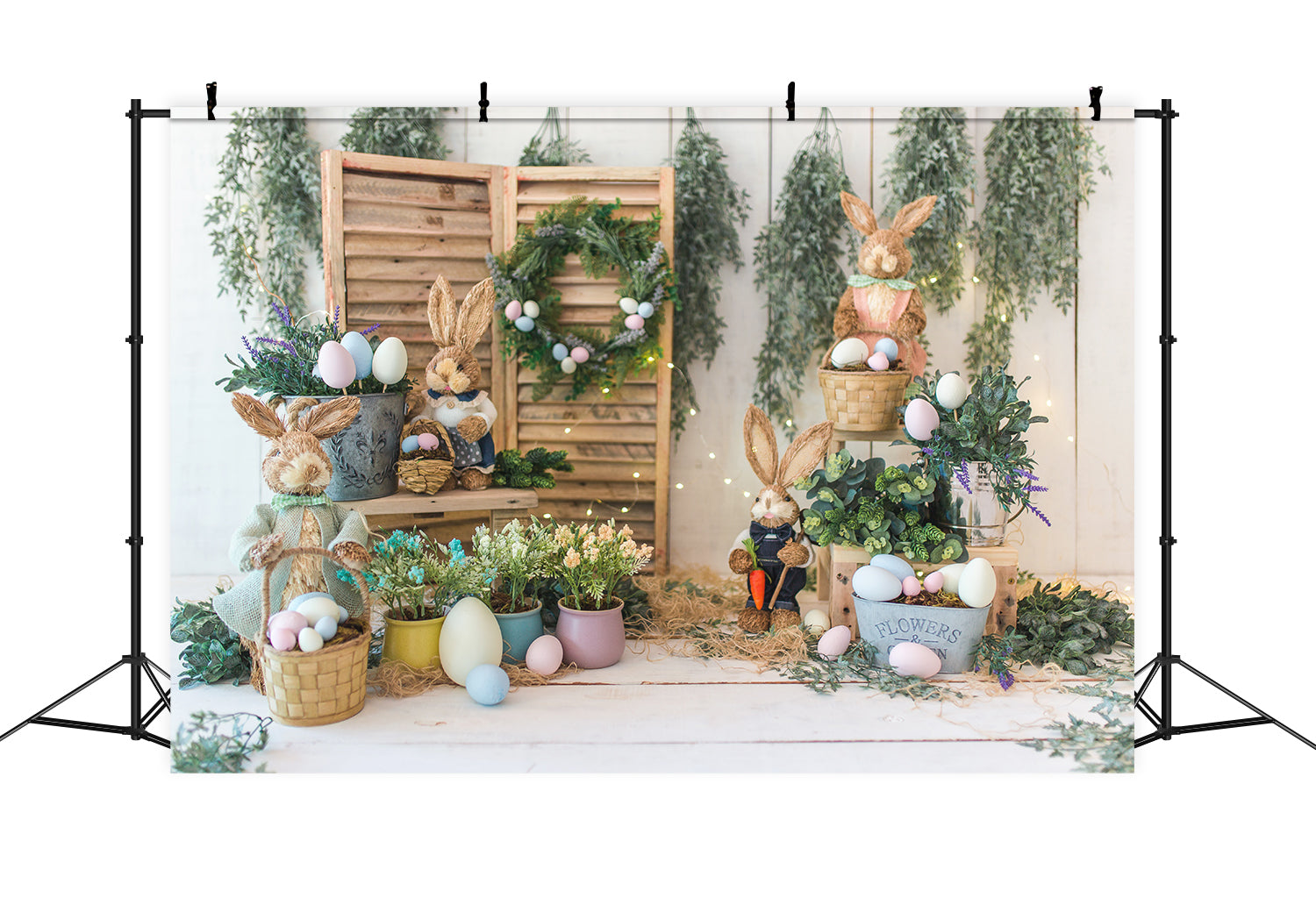 Easter Eggs Rabbit White Wood Photo Booth Backdrop SH598