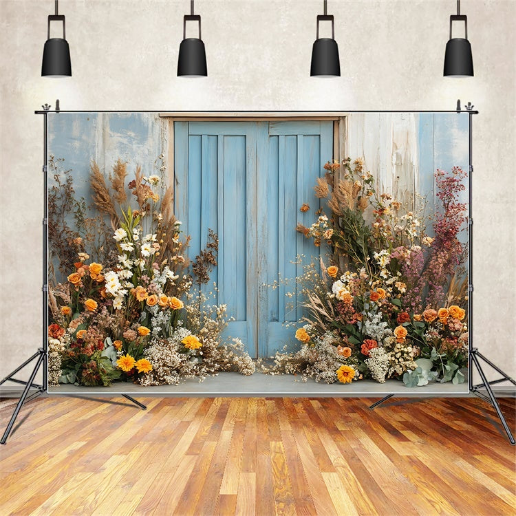 Spring Photo Backdrops Bright Floral Wooden Door Backdrop UK TWW2-27