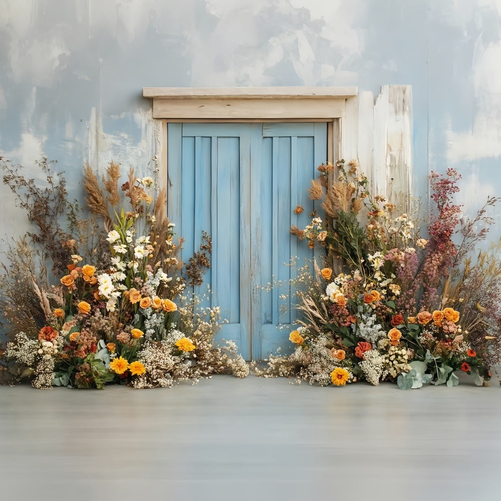 Spring Photo Backdrops Bright Floral Wooden Door Backdrop UK TWW2-27