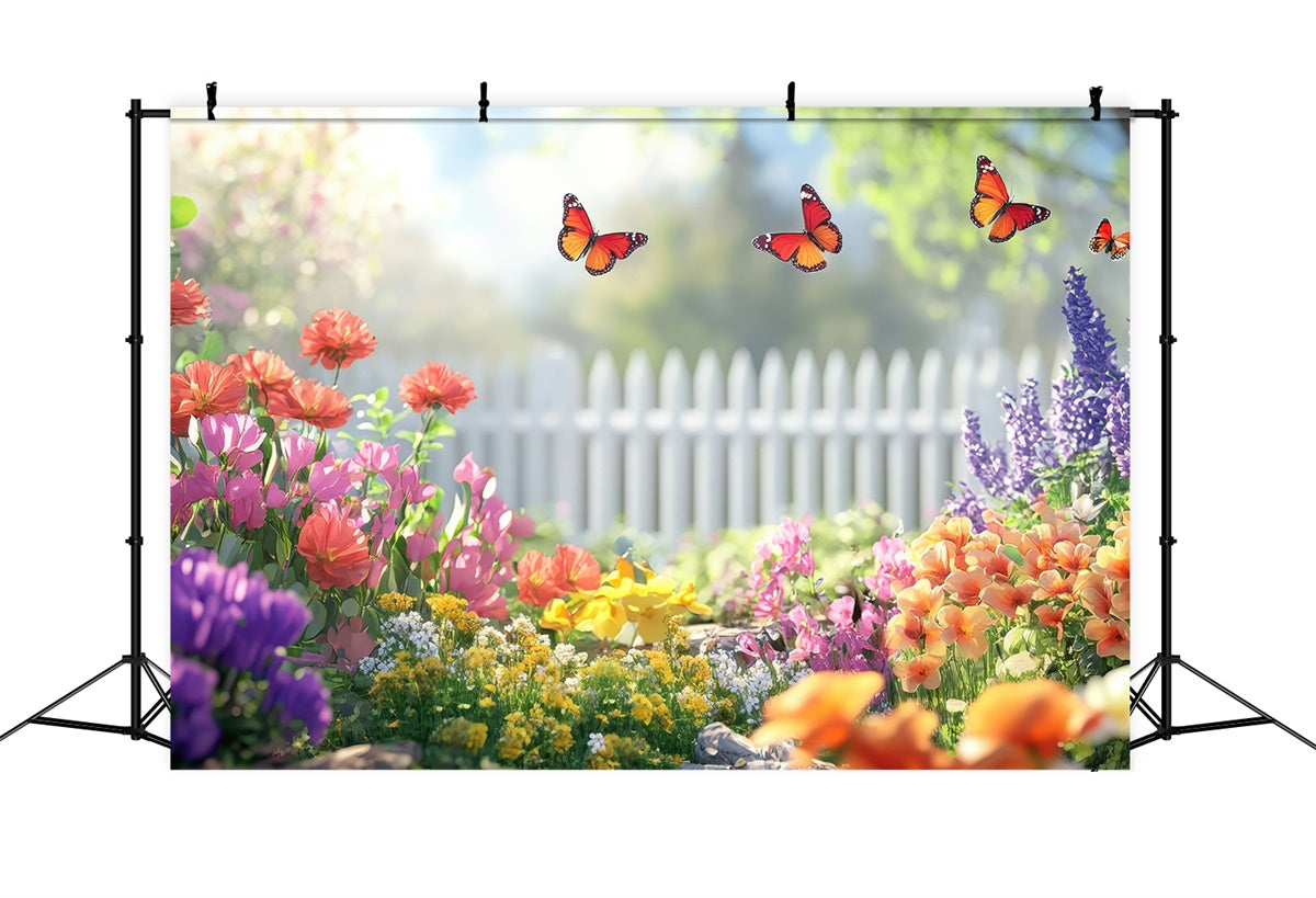 Spring Floral Backdrop Butterfly Garden White Fence Backdrop UK TWW2-34