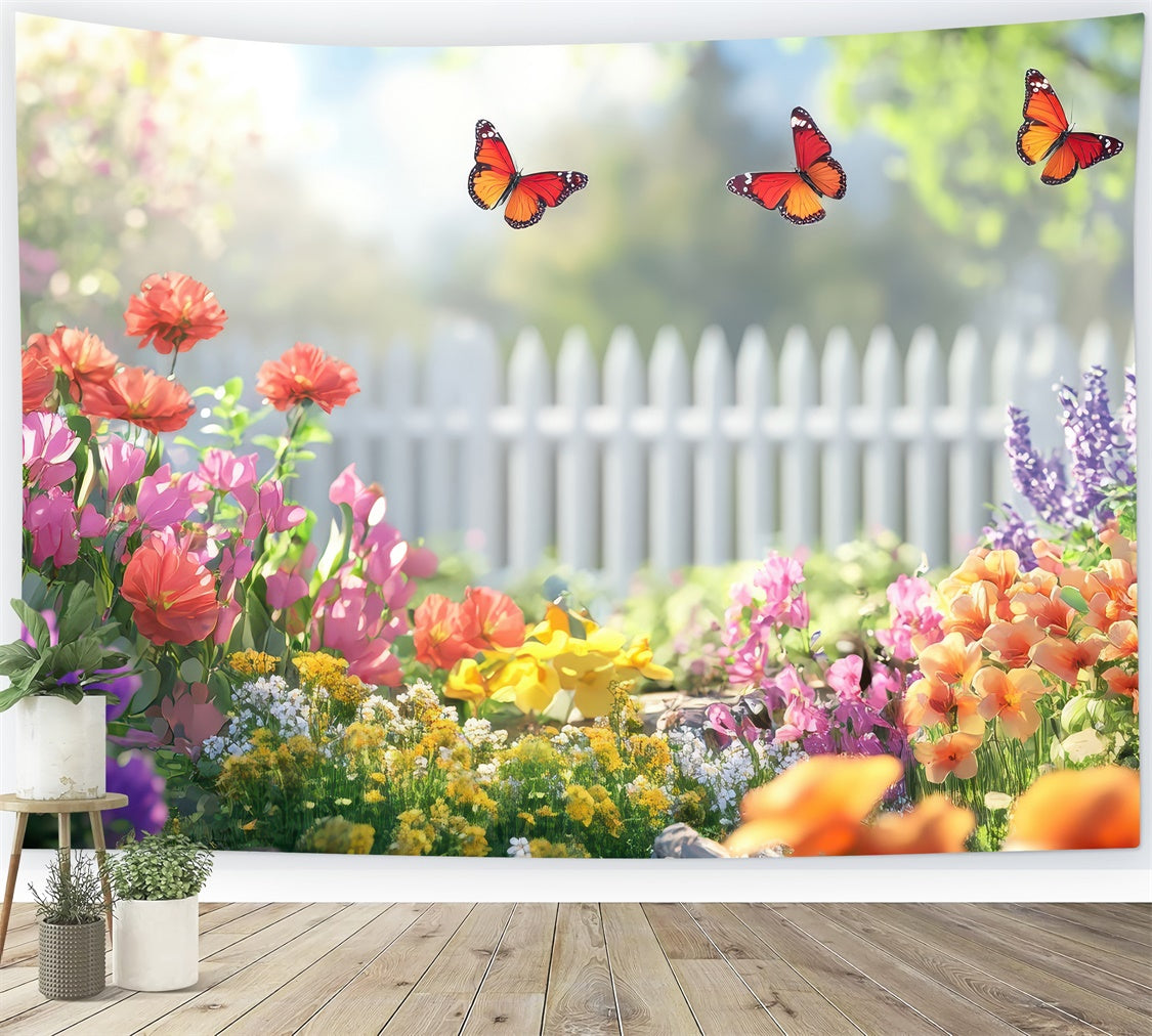 Spring Floral Backdrop Butterfly Garden White Fence Backdrop UK TWW2-34