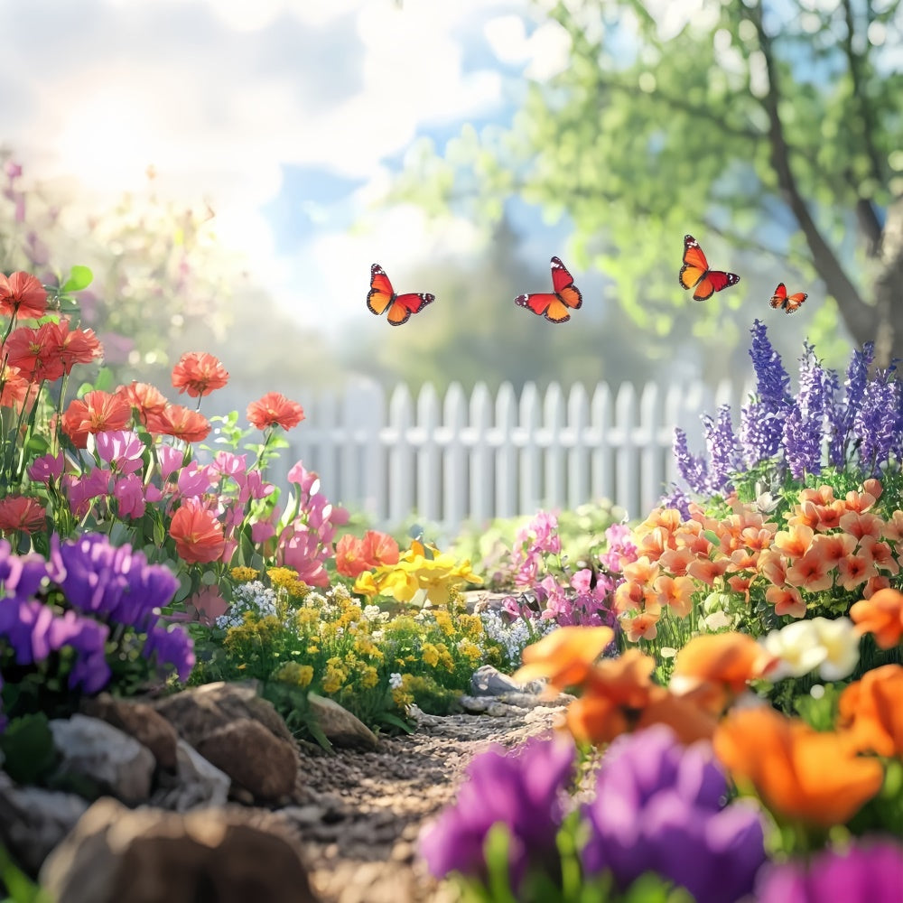 Spring Floral Backdrop Butterfly Garden White Fence Backdrop UK TWW2-34