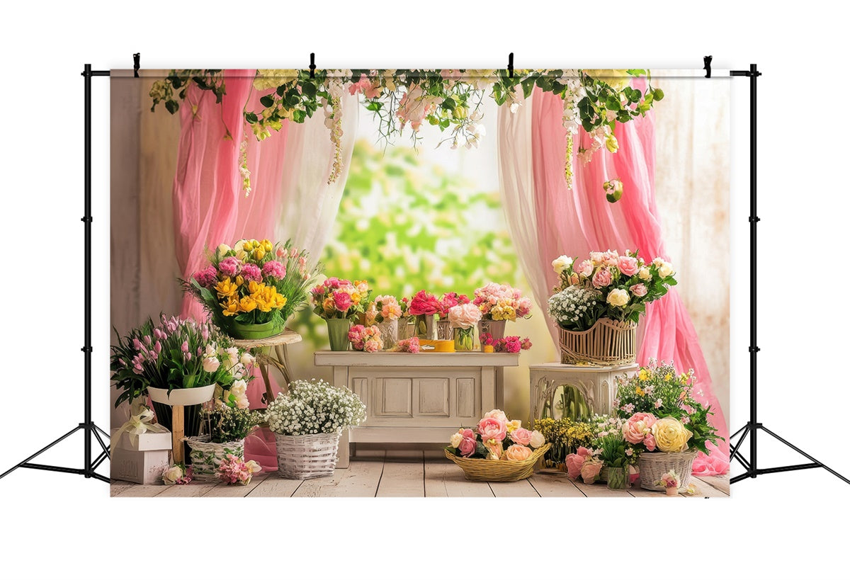 Backdrops For Spring Charming Floral Pink Drapes Backdrop UK TWW2-35