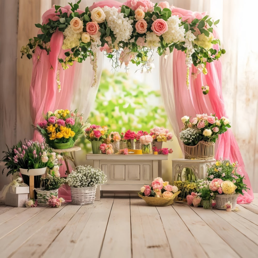 Backdrops For Spring Charming Floral Pink Drapes Backdrop UK TWW2-35