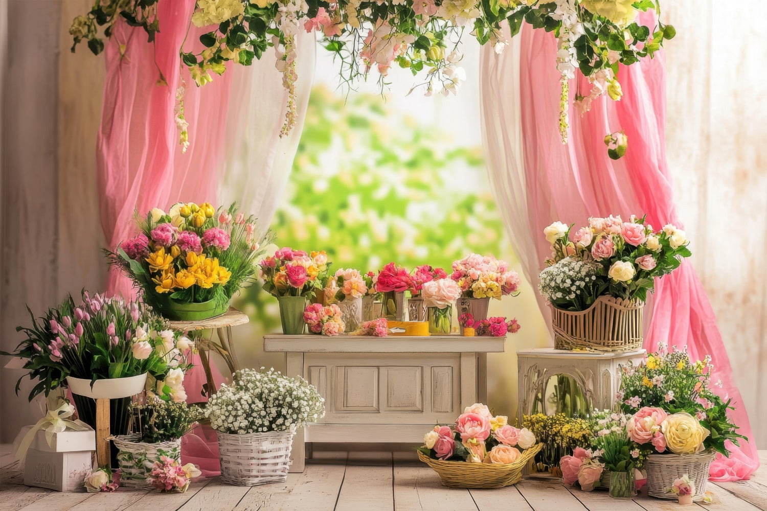 Backdrops For Spring Charming Floral Pink Drapes Backdrop UK TWW2-35