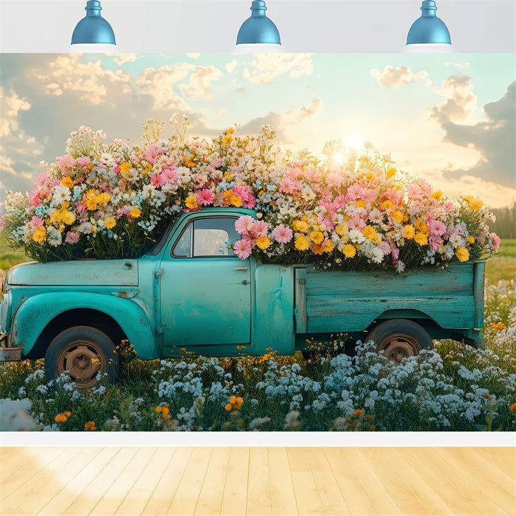 Spring Backdrops Vintage Truck Vibrant Wildflowers Backdrop UK TWW2-40