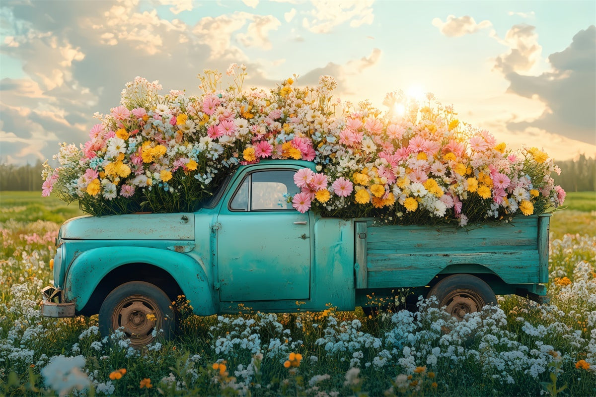 Spring Backdrops Vintage Truck Vibrant Wildflowers Backdrop UK TWW2-40