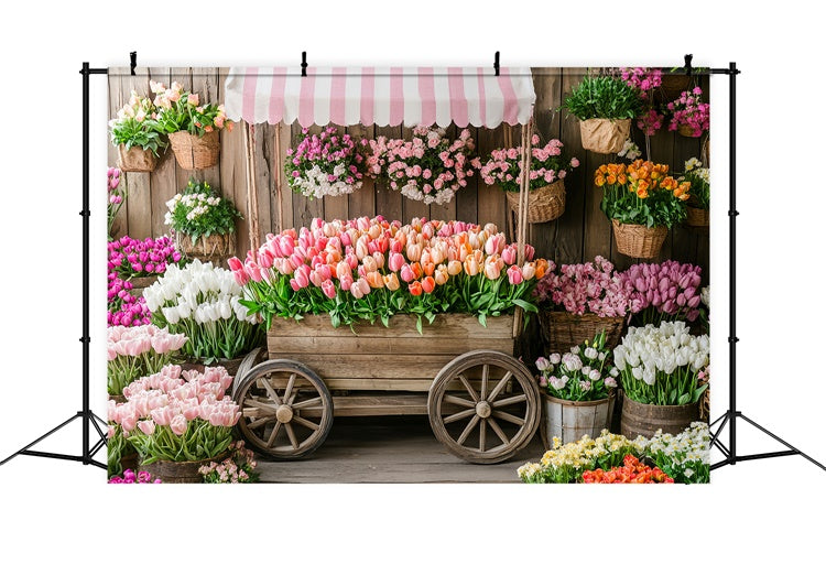 Spring Floral Backdrop Rustic Wooden Cart Tulip Backdrop UK TWW2-5