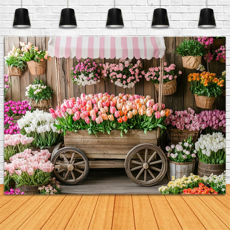 Spring Floral Backdrop Rustic Wooden Cart Tulip Backdrop UK TWW2-5