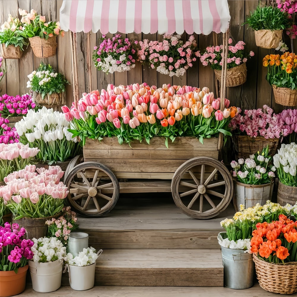 Spring Floral Backdrop Rustic Wooden Cart Tulip Backdrop UK TWW2-5