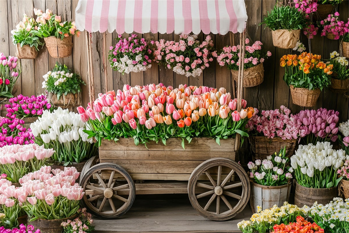 Spring Floral Backdrop Rustic Wooden Cart Tulip Backdrop UK TWW2-5