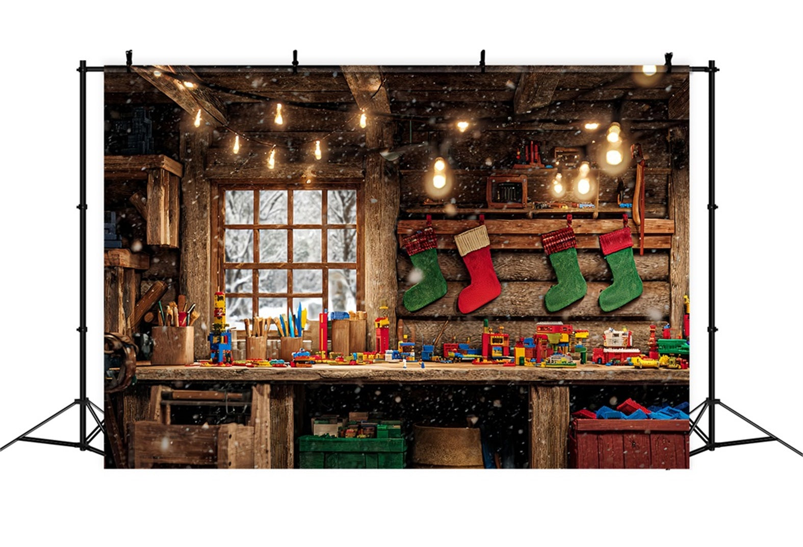 Santa's Workshop Backdrop Wood Cabin Toy Bench Christmas Backdrop UK TWW510-64