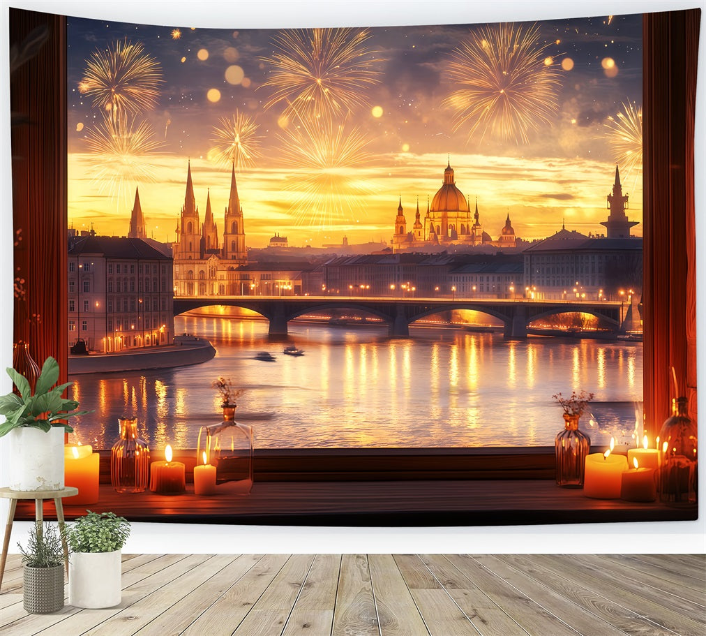 New Year's Backdrop Golden Sunset Cityscape Fireworks Photo Backdrop UK TWW512-10