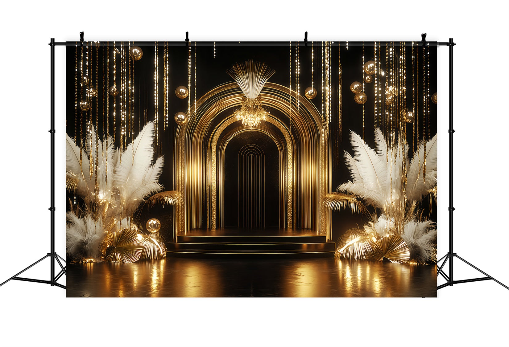 New Year Backdrop Golden Luxe Arch Feather Happy New Year Banner UK TWW512-12