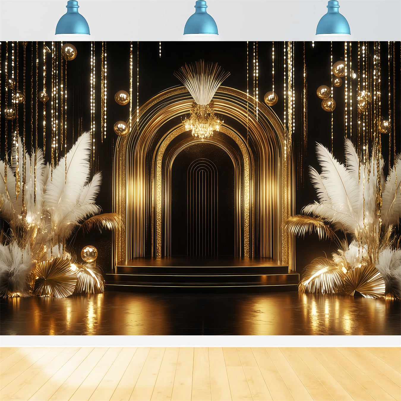 New Year Backdrop Golden Luxe Arch Feather Happy New Year Banner UK TWW512-12