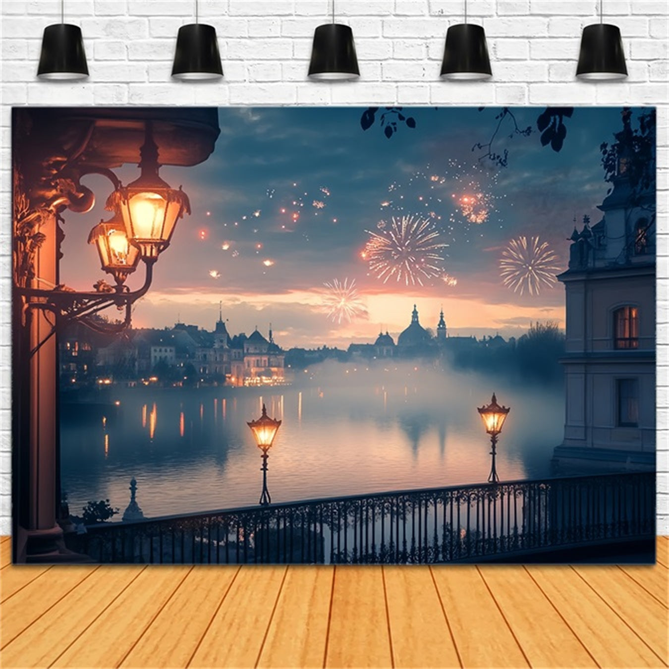New Years Photo Backdrop Golden Lakeside Fireworks Glow City Night Backdrop UK TWW512-13
