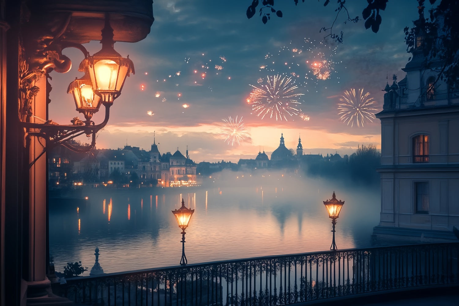 New Years Photo Backdrop Golden Lakeside Fireworks Glow City Night Backdrop UK TWW512-13