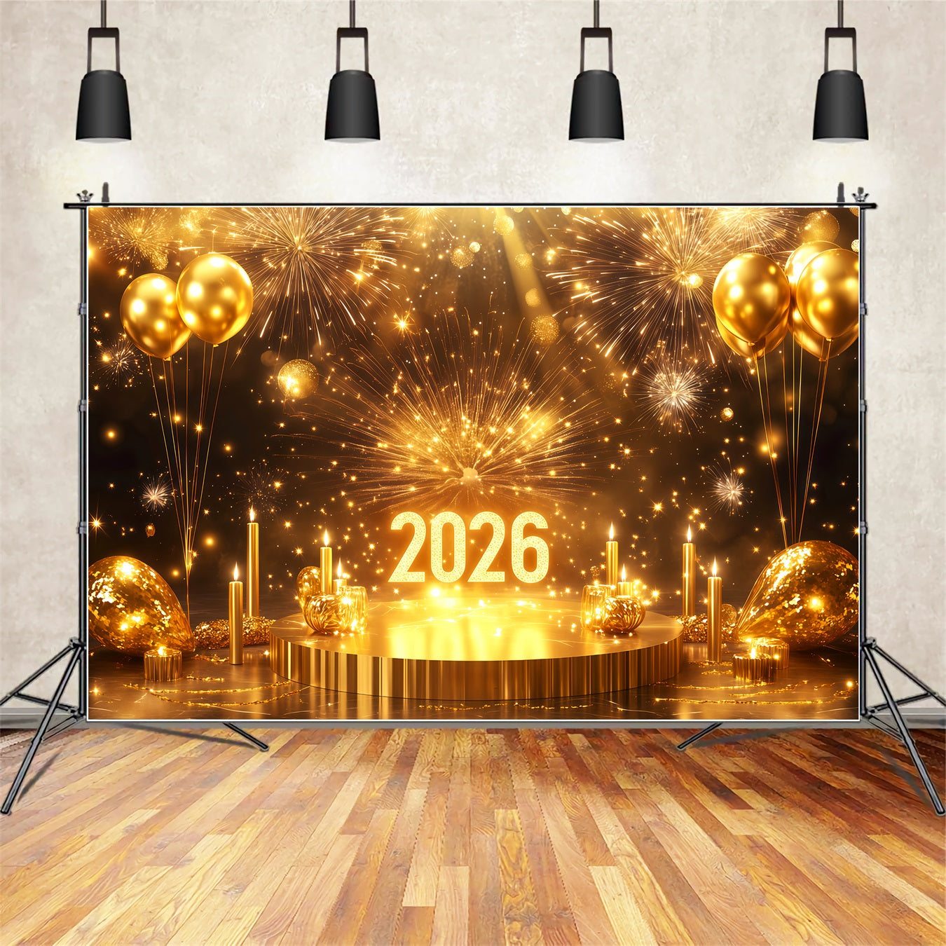 2026 New Year Backdrop Stage Balloon Sparkling Fireworks Gold Glitter Backdrop UK TWW512-23