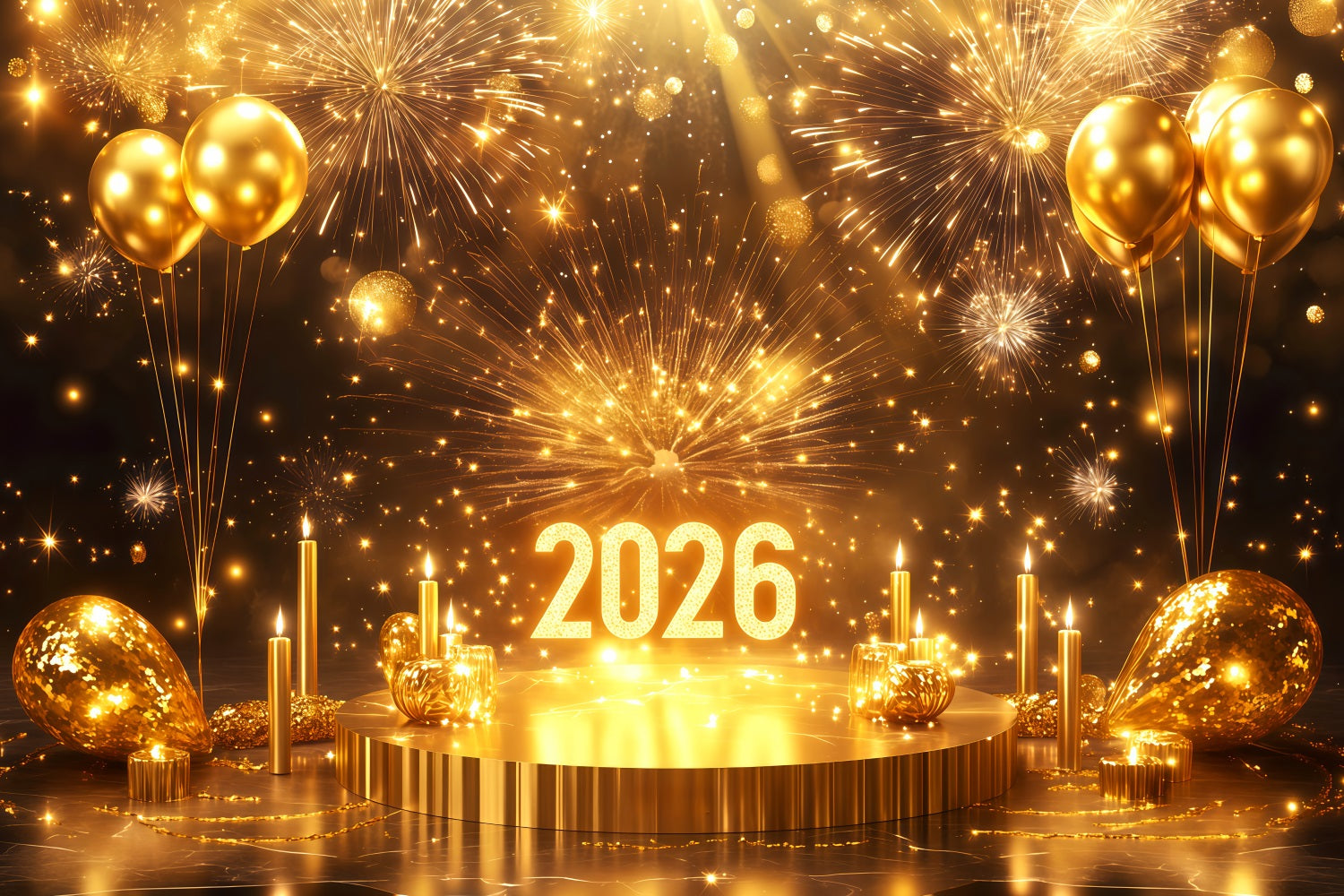 2026 New Year Backdrop Stage Balloon Sparkling Fireworks Gold Glitter Backdrop UK TWW512-23