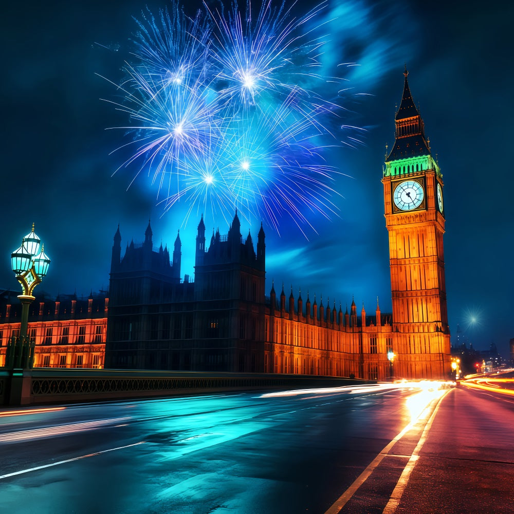 New Year Backdrop London Skyline Midnight Fireworks Cityscape Photo Backdrop UK TWW512-24