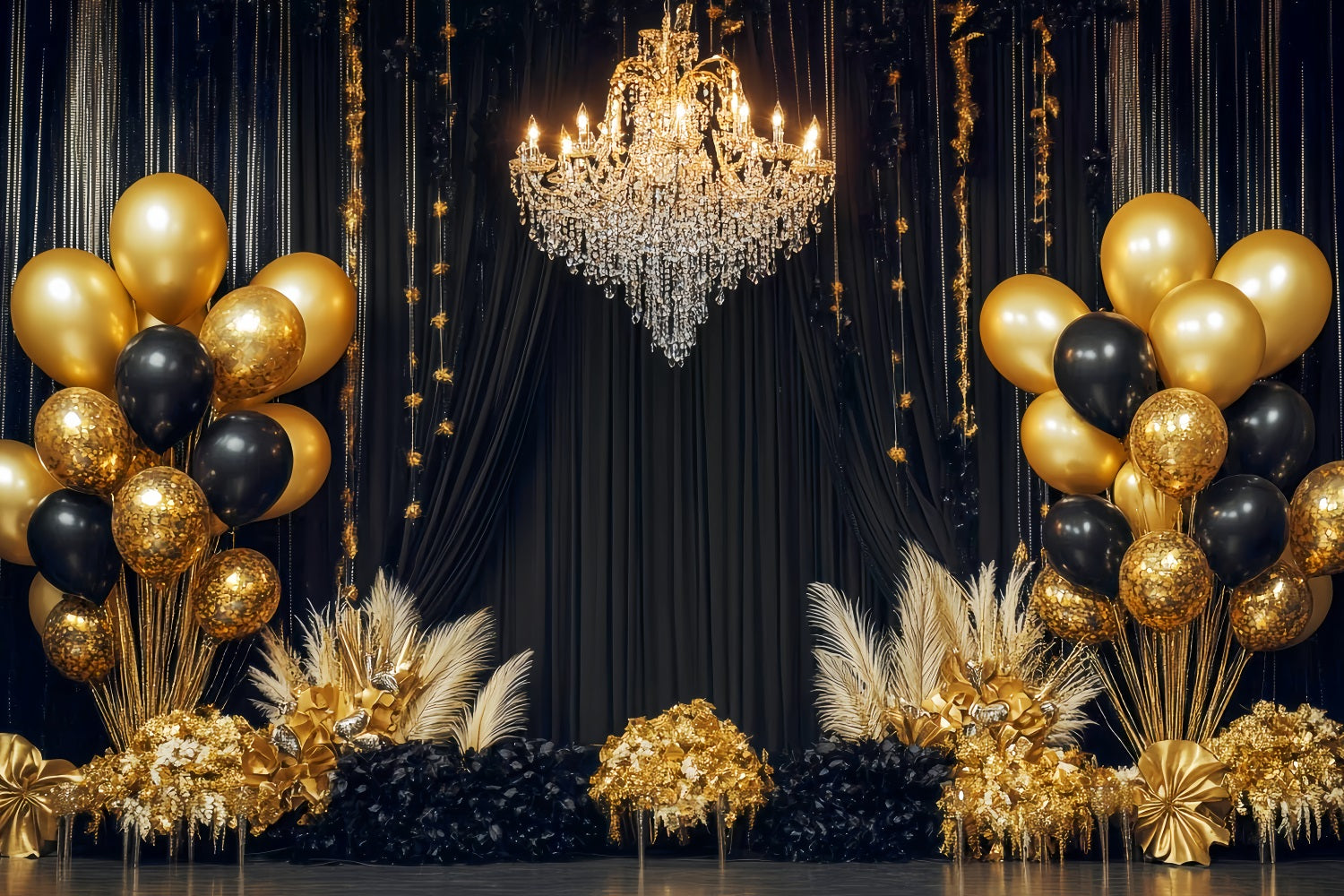 New Year Backdrop Ideas Luxury Chandelier Balloon Black And Gold Backdrop UK TWW512-28