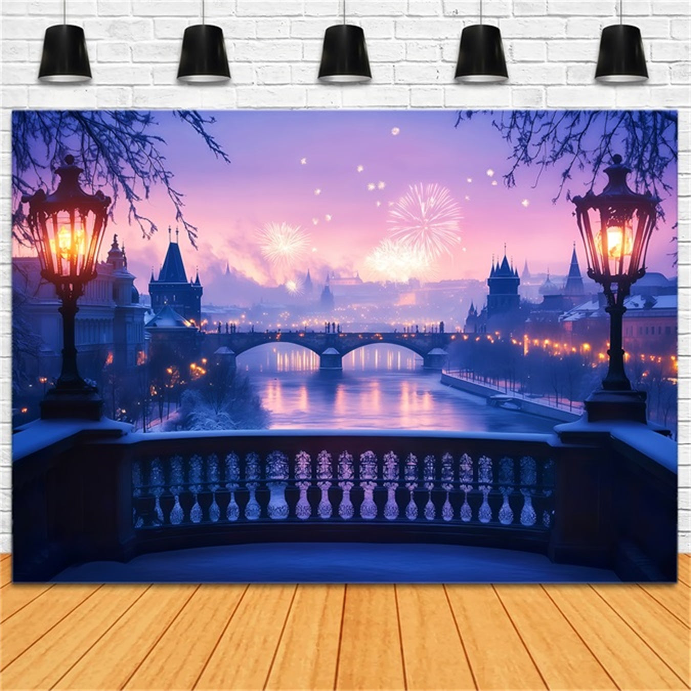 New Year Photo Backdrop Frosted River Fireworks Glow City Night Backdrop UK TWW512-29