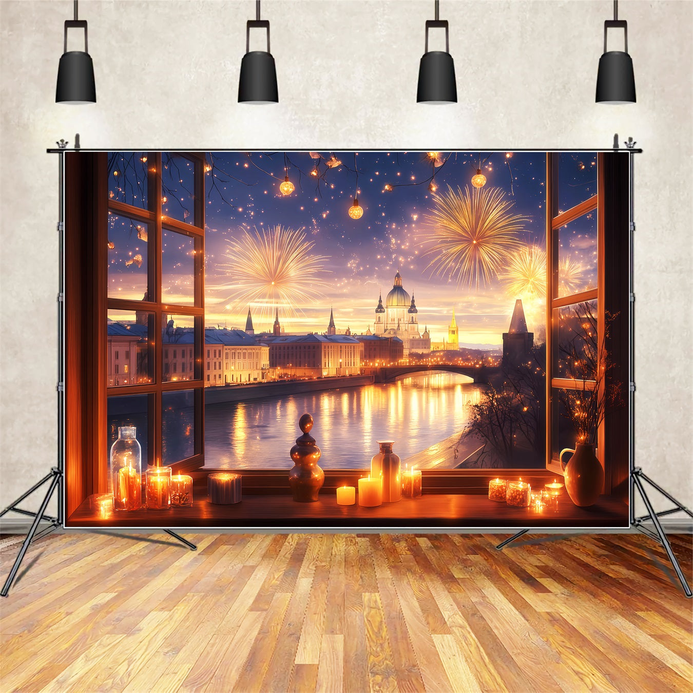 New Years Photo Backdrop Window City Fireworks Glow Cityscape Photo Backdrop UK TWW512-3