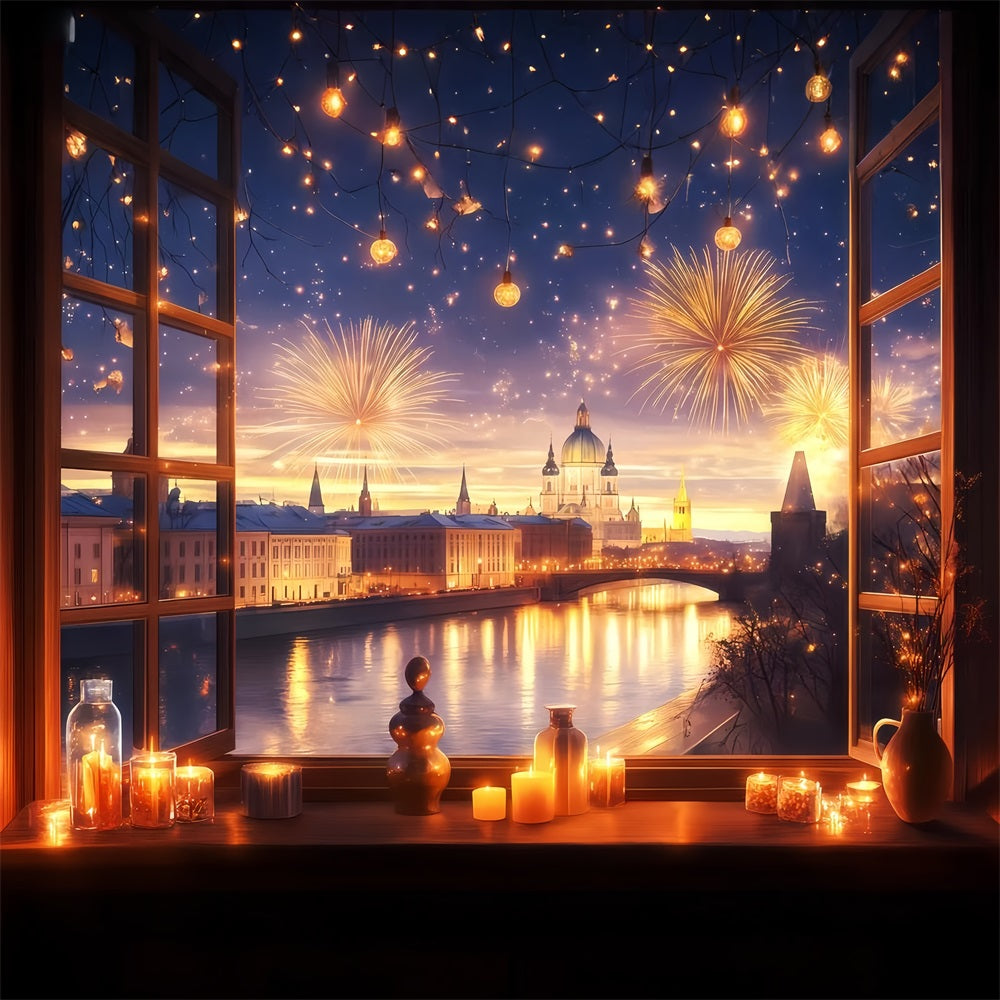 New Years Photo Backdrop Window City Fireworks Glow Cityscape Photo Backdrop UK TWW512-3