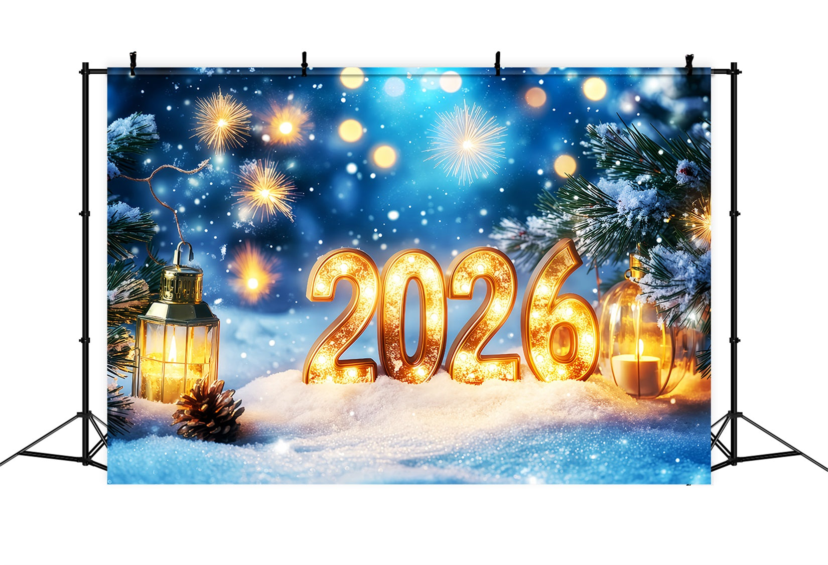 2026 New Year Backdrop Snowlit Pines Firework Bokeh New Years Eve Backdrop UK TWW512-31