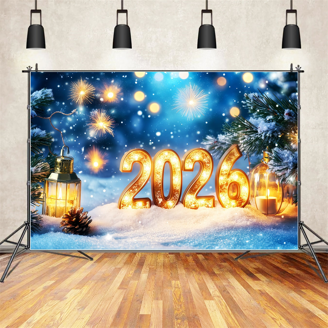 2026 New Year Backdrop Snowlit Pines Firework Bokeh New Years Eve Backdrop UK TWW512-31