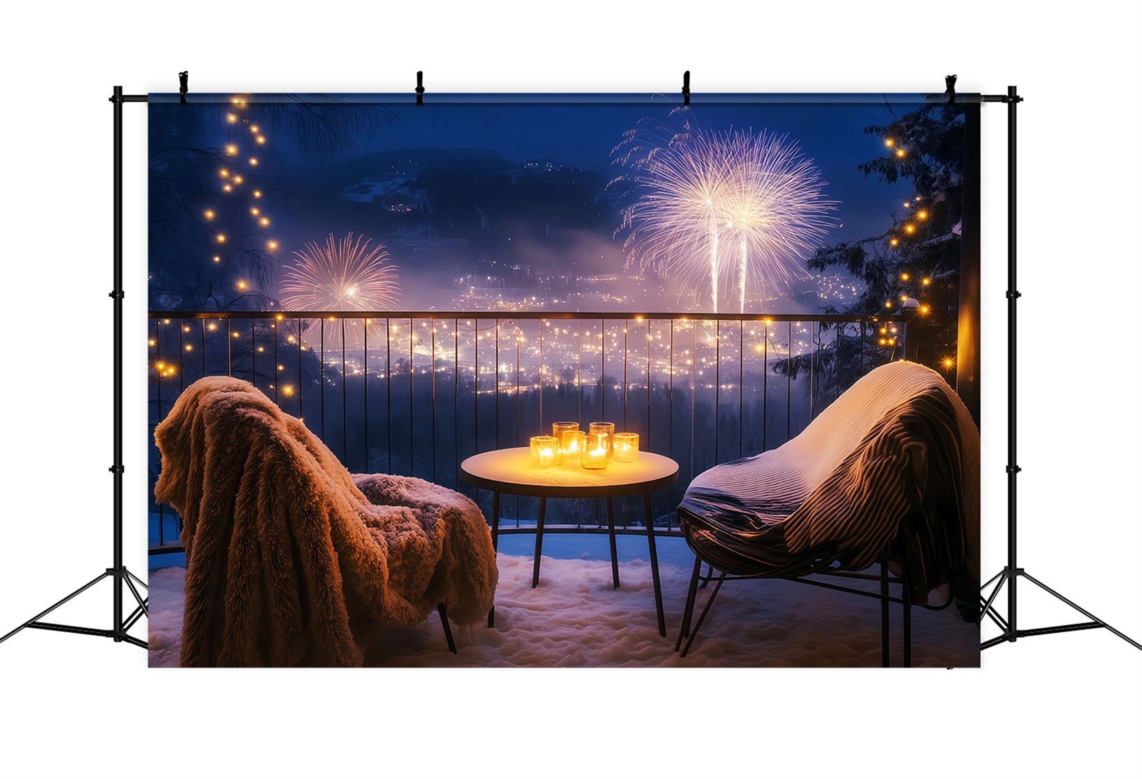 Happy New Year Backdrop Cozy Balcony Night Cityscape Fireworks Backdrop UK TWW512-32