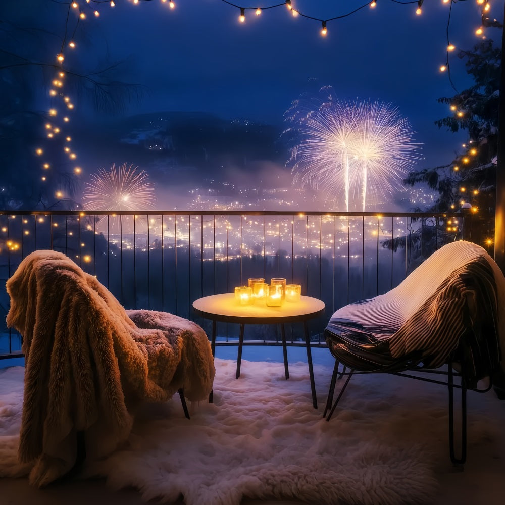 Happy New Year Backdrop Cozy Balcony Night Cityscape Fireworks Backdrop UK TWW512-32