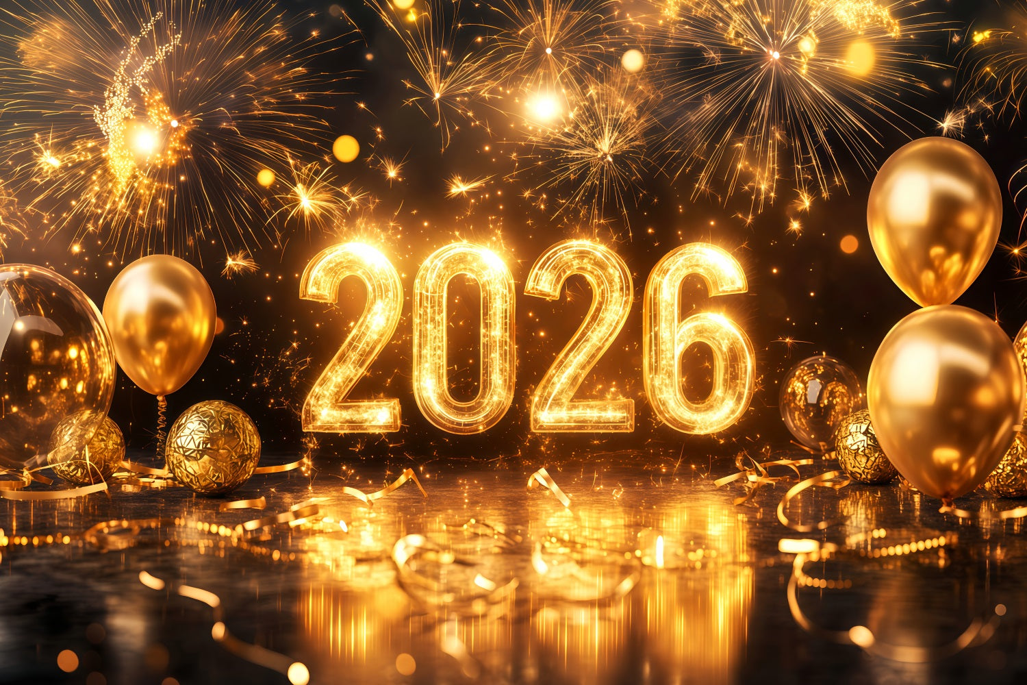 2026 New Year Backdrop Sparkling Gold Balloons Fireworks Backdrop UK TWW512-4