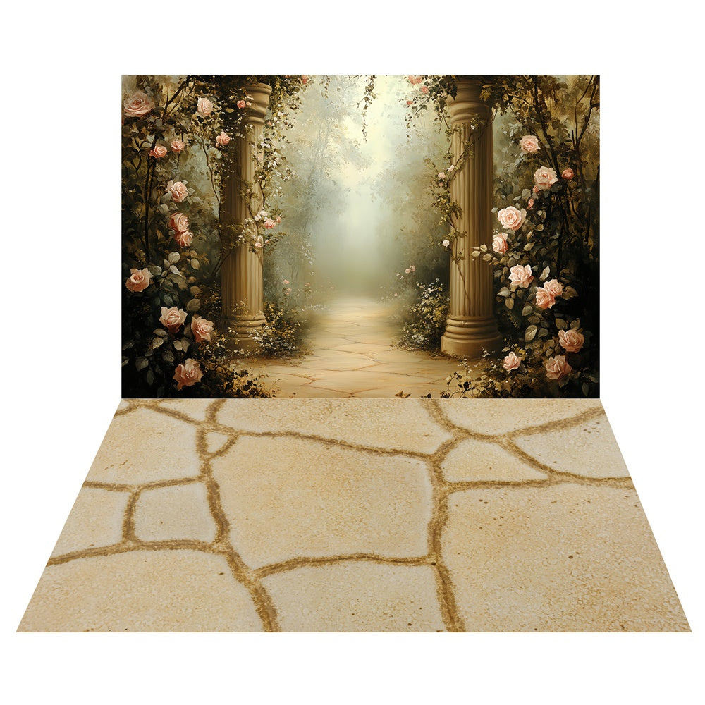 Vintage Rose Pathway Backdrop+Sandstone Tile Floor Backdrop UK TWW57-67