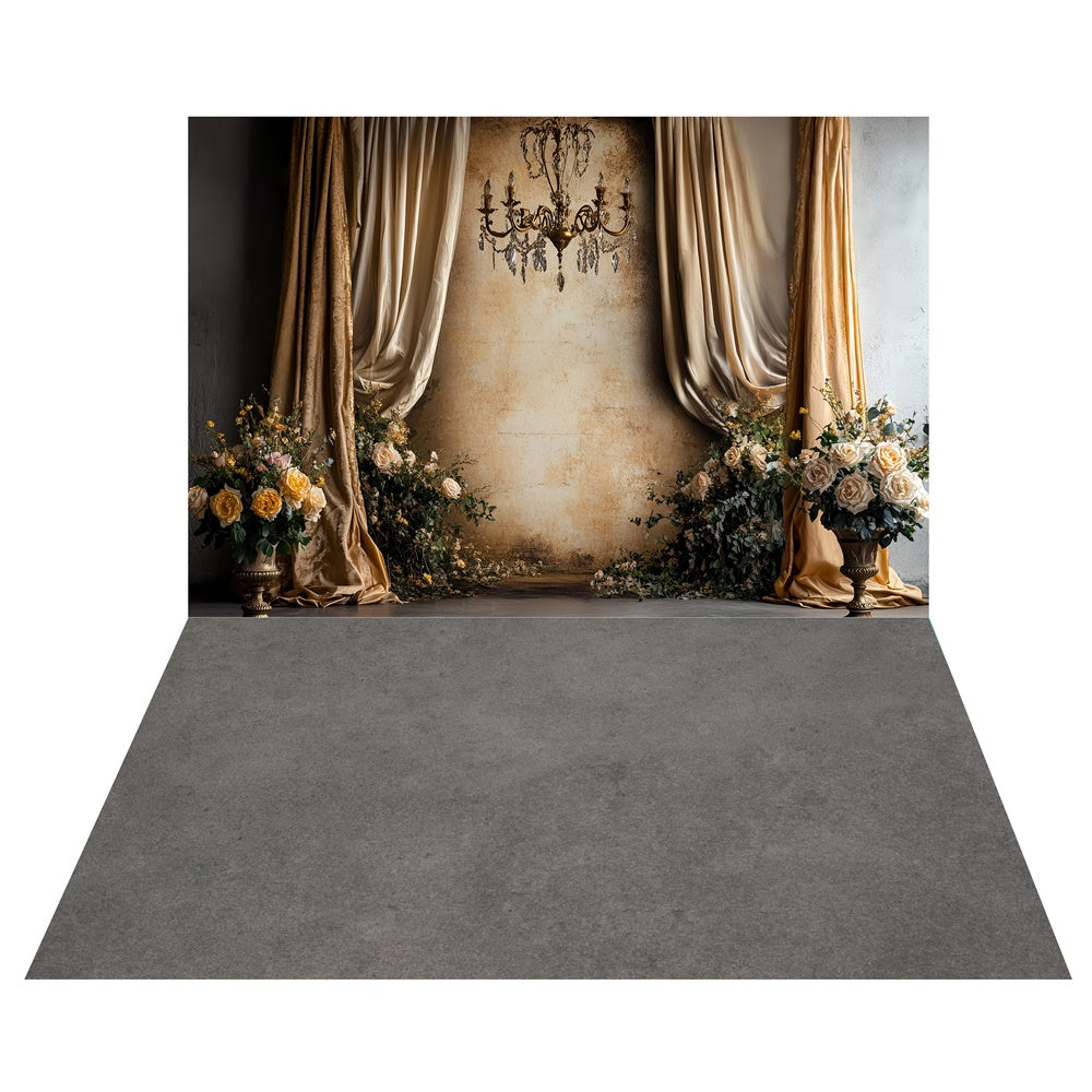 Vintage Champagne Curtain Backdrop+Cement Gray Floor Backdrop UK TWW57-68