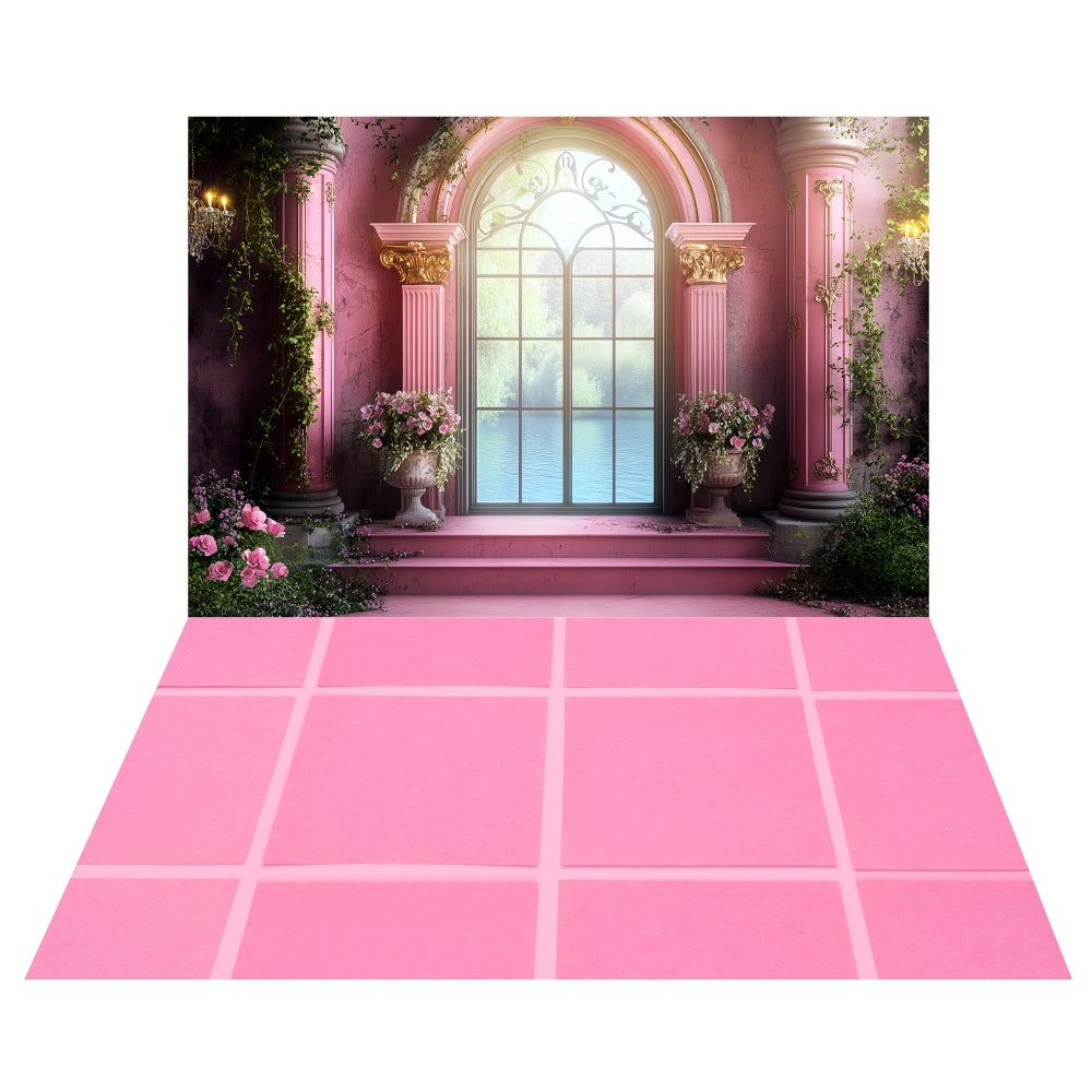 Rosy Palace Window Backdrop+Pink Tiled Floor Backdrop UK TWW57-69