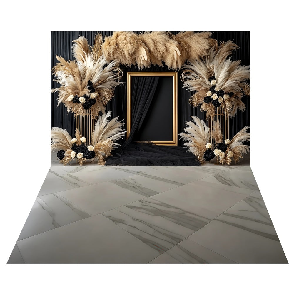 Glam Pampas Noir Bloom Backdrop+Marble Tile Floor Backdrop UK TWW57-70