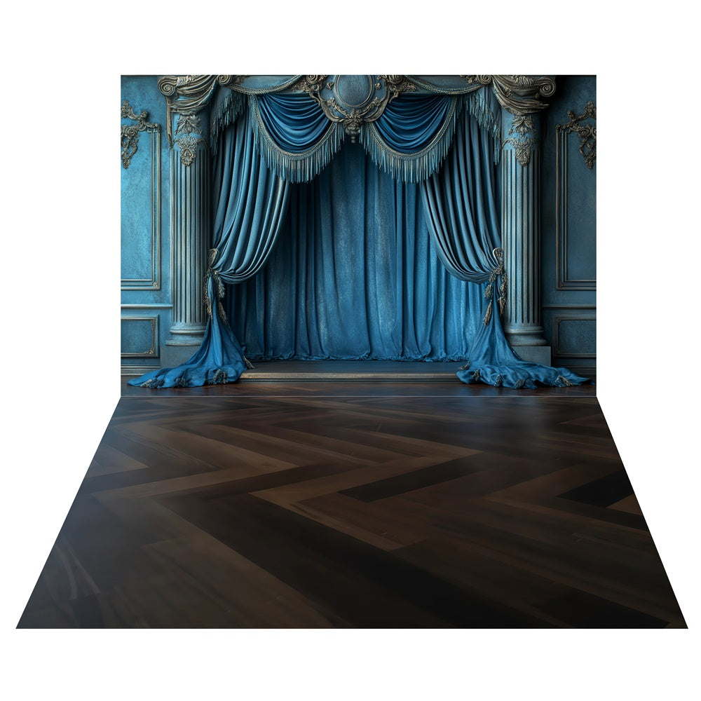 Sapphire Royal Curtain Backdrop+Dark Chevron Floor Backdrop UK TWW57-71