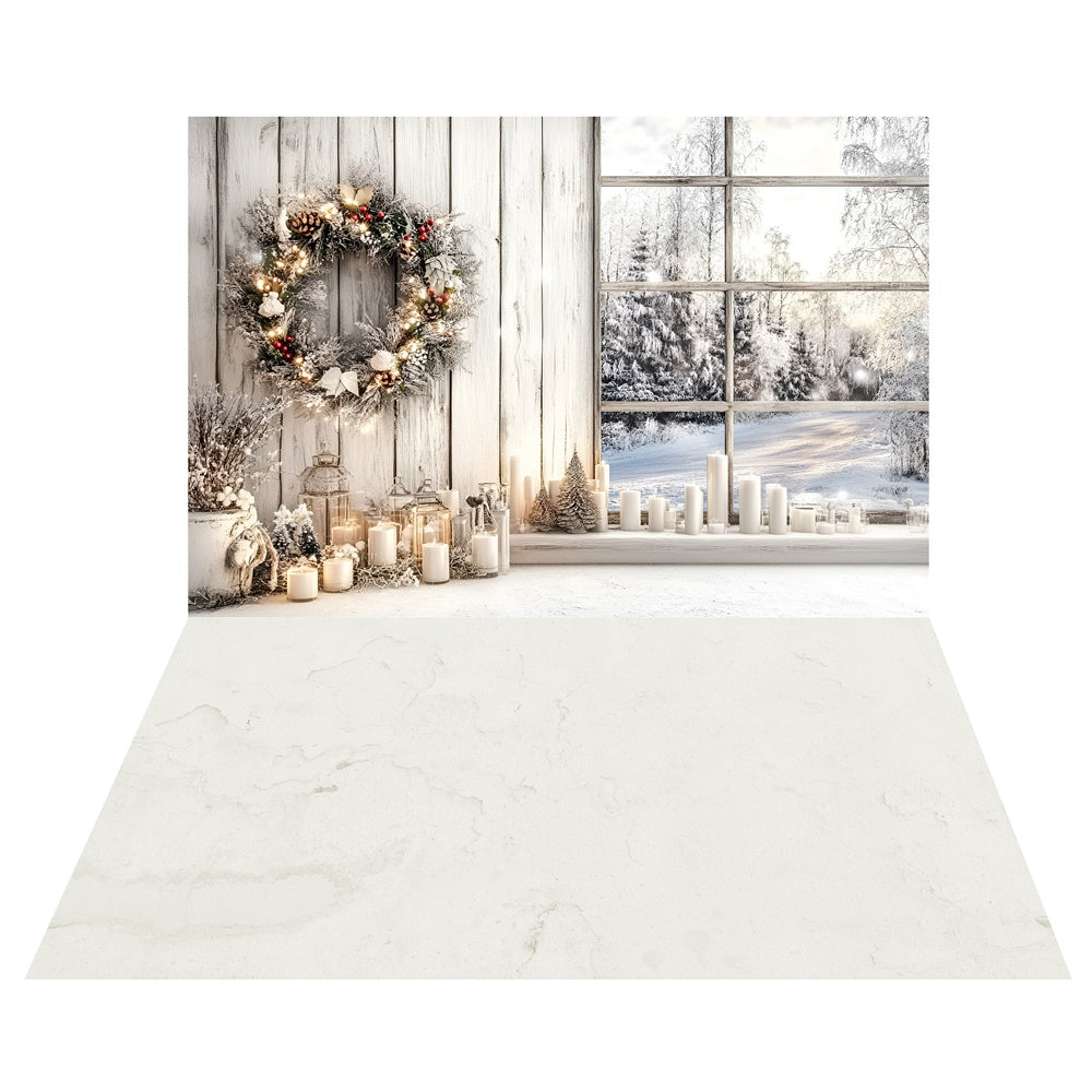 Candlelit Winter Window Backdrop+Soft Marble Floor Backdrop UK TWW57-94
