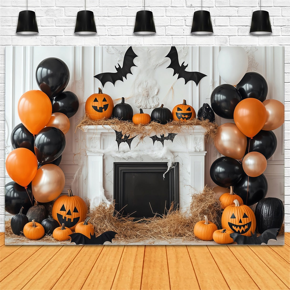 Halloween Wall Backdrop Pumpkin Fireplace with Balloon Decor Halloween Backdrop UK TWW58-1