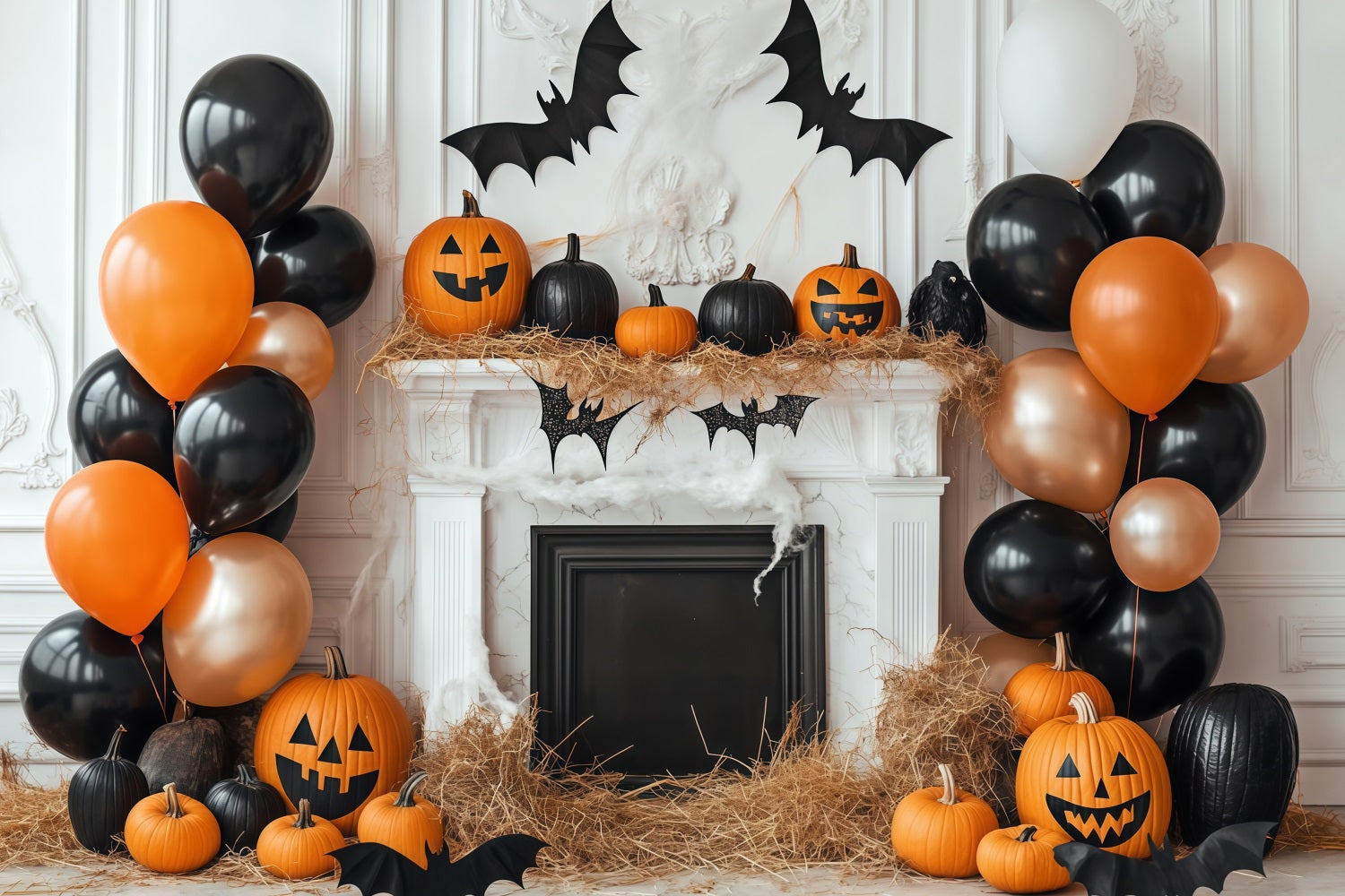 Halloween Wall Backdrop Pumpkin Fireplace with Balloon Decor Halloween Backdrop UK TWW58-1