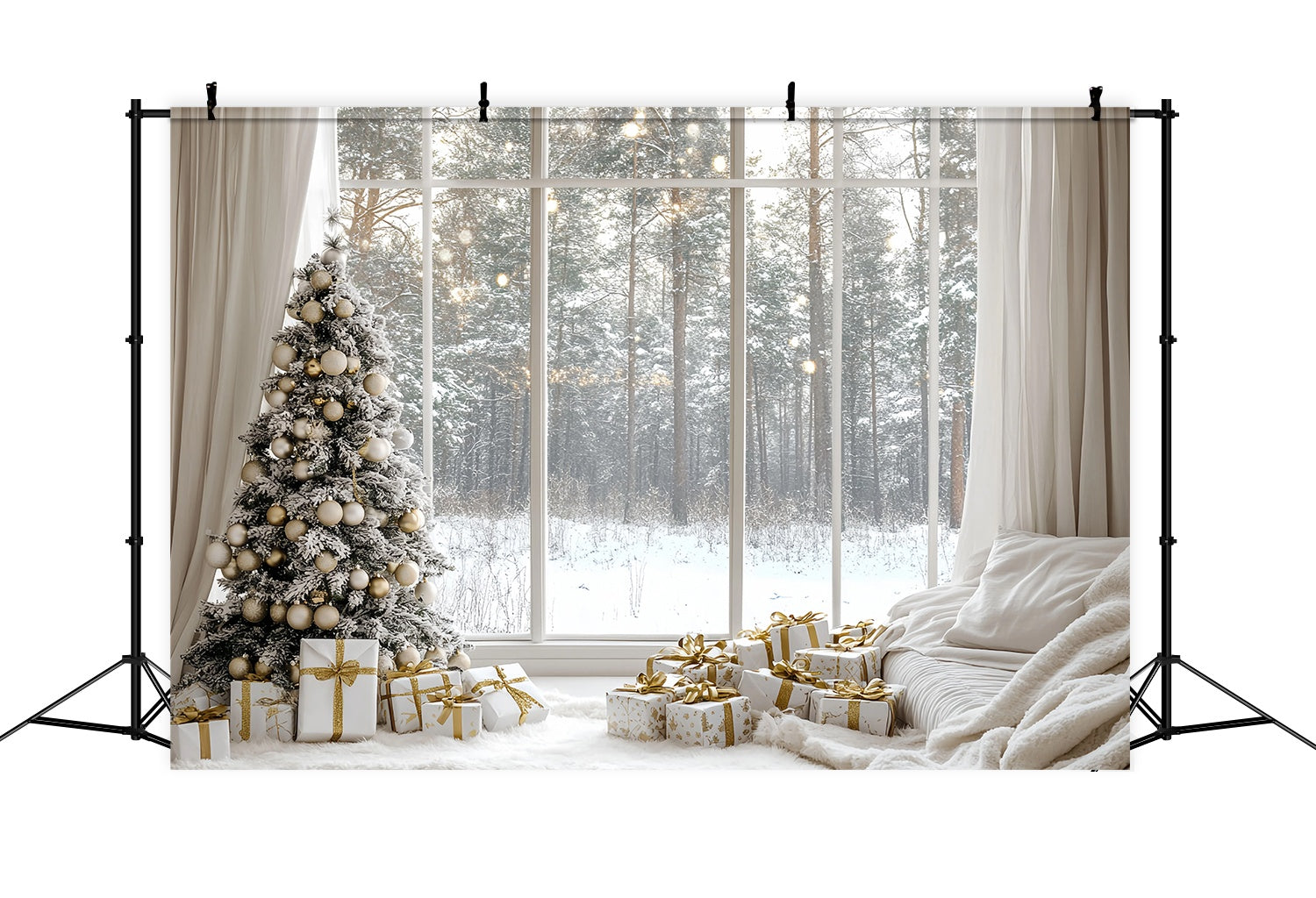 White Christmas Backdrop Snowy Pine Gold Ornament Cozy Window Christmas Backdrops for Photography UK TWW58-100