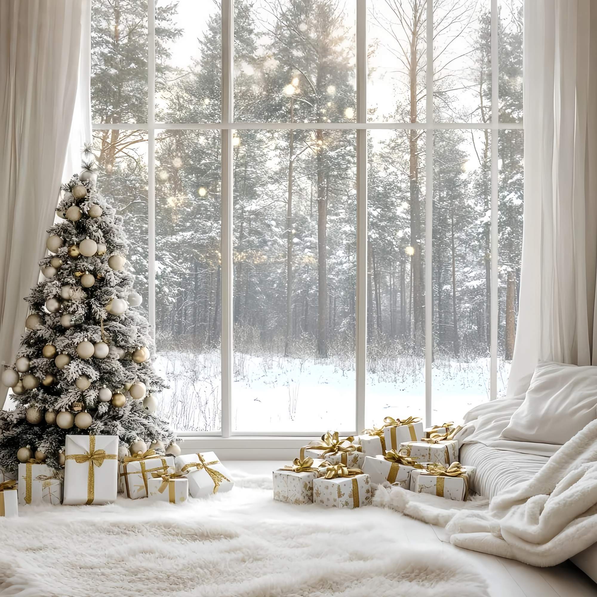White Christmas Backdrop Snowy Pine Gold Ornament Cozy Window Christmas Backdrops for Photography UK TWW58-100